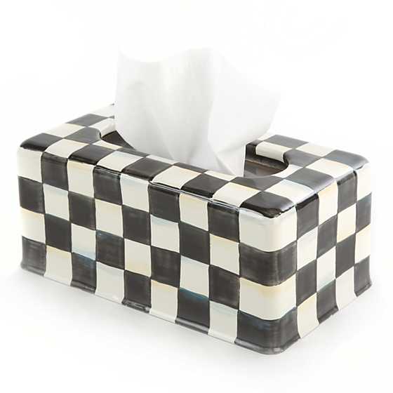 Rectangular tissue box cover with a hand-painted black and white checkered pattern.