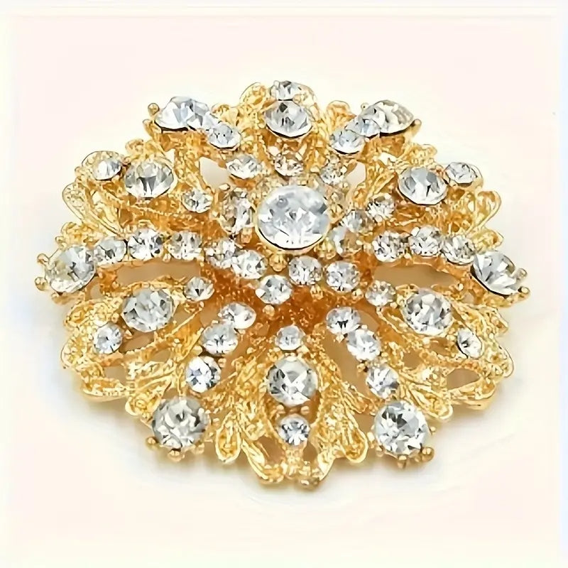 Silver alloy floral brooch pin with clear rhinestones in a bouquet silhouette