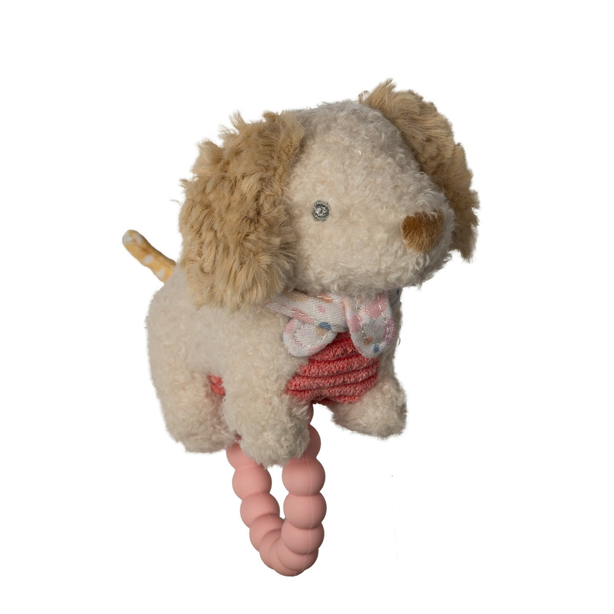 Mary Meyer plush dog rattle with a pink beaded silicone teether ring and colorful fabric accents.