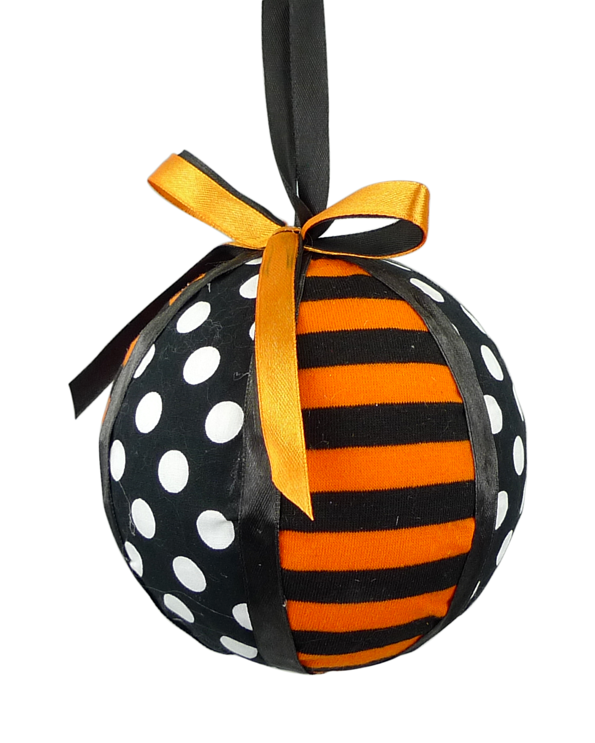 Orn Polkadot Stripe Ribbon ball featuring black and white dots and orange and black stripes.