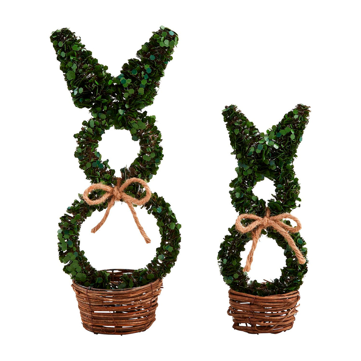 Boxwood Bunny Sitters: a wooden bunny figurine with green foliage ears sitting on a box.