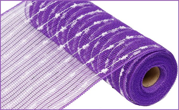 10.25 inch by 10 yard purple metallic mesh ribbon with white puff ball accents on a roll.