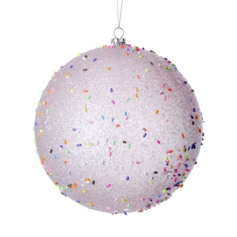Round candy sprinkle ball ornament in pastel colors with multicolored sprinkles on a white background.