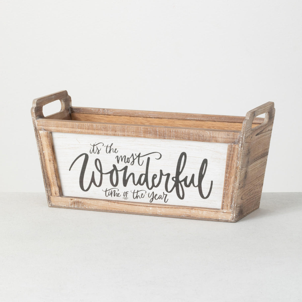 Wooden planter with whitewashed finish, scriptwriting text pattern, built-in handles