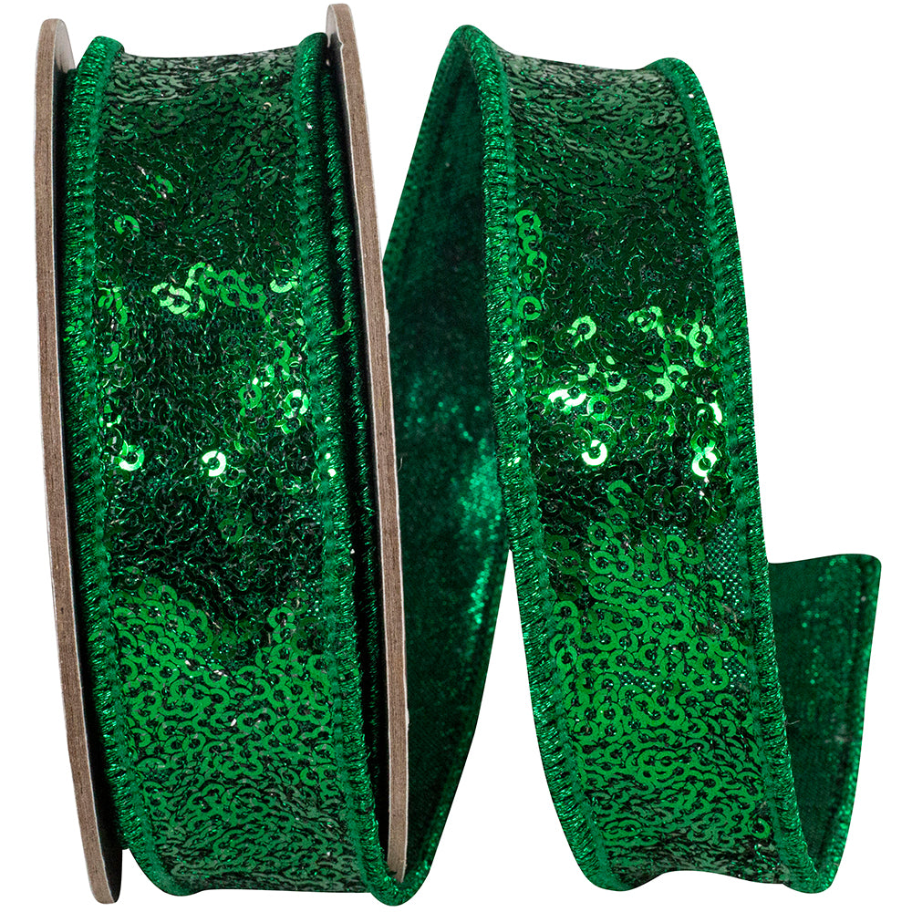 One inch wide metallic sequin ribbon with wired edges on a medium finish background.