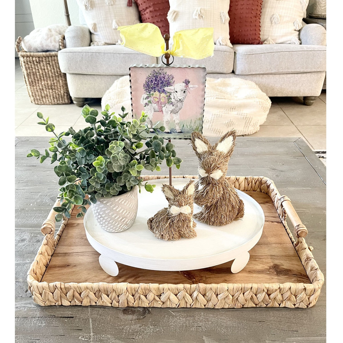 Mini Hamilton Easter Lamb hanging decoration in white ceramic with pastel blue accents.