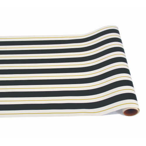 Black paper table runner with gold stripe pattern
