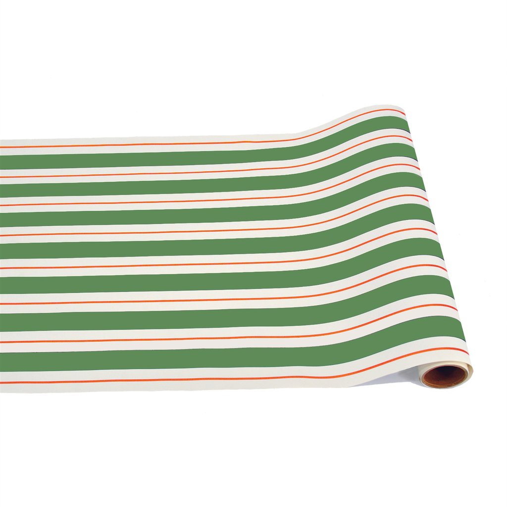 Green paper table runner with red stripes