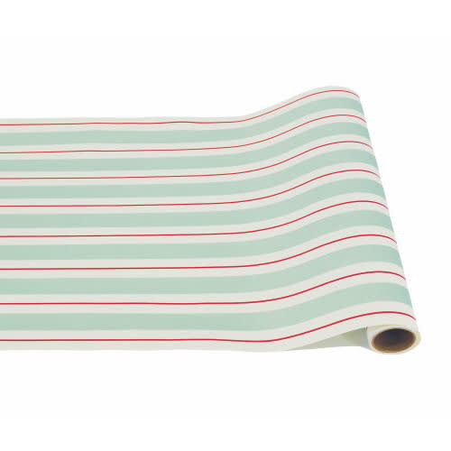 Seafoam green paper table runner with red stripes