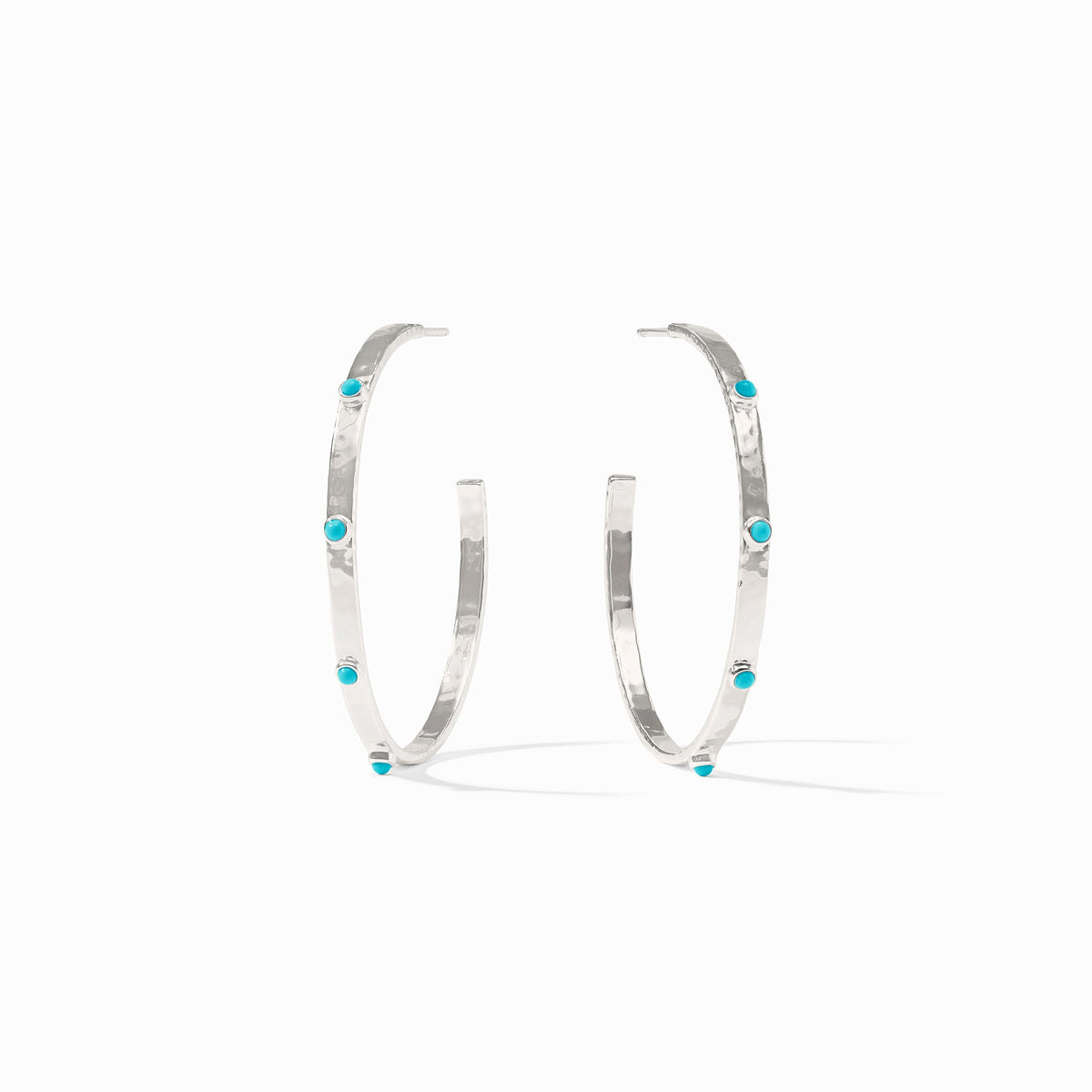 Pure silver plated medium hoop earring with hammered texture and reconstituted gemstone accents