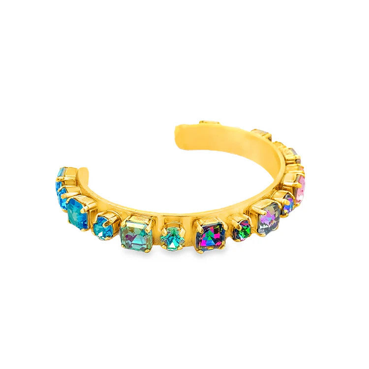 Antique gold-plated brass cuff with crystals in Candy Crush color