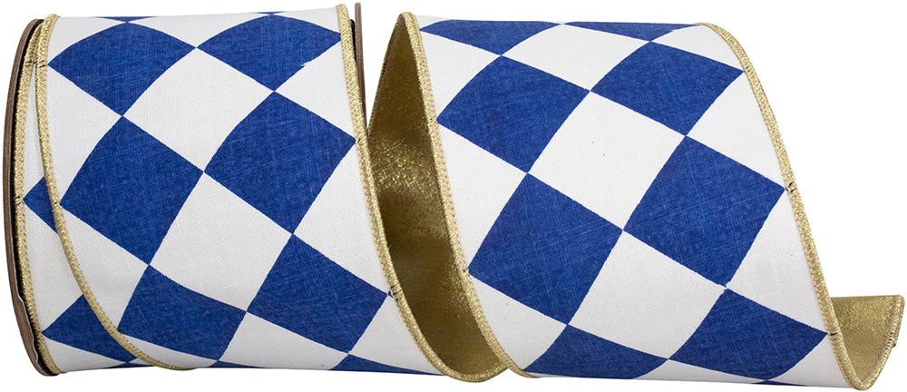 Blue and white diamond pattern wired edge ribbon with metallic gold backing and trim.