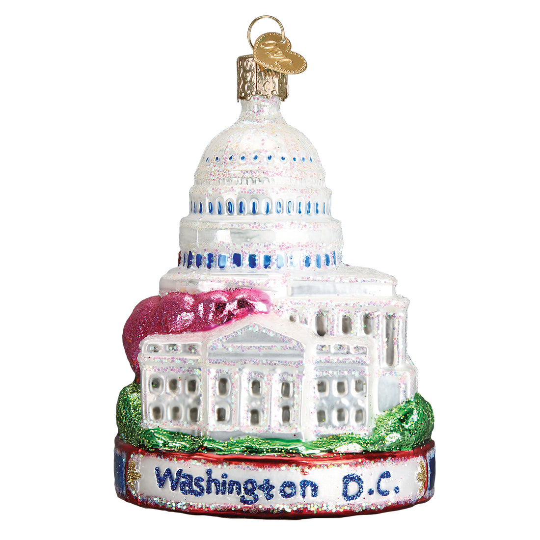 Glass Washington D.C. ornament featuring the Capitol dome, White House, and pink cherry blossoms.