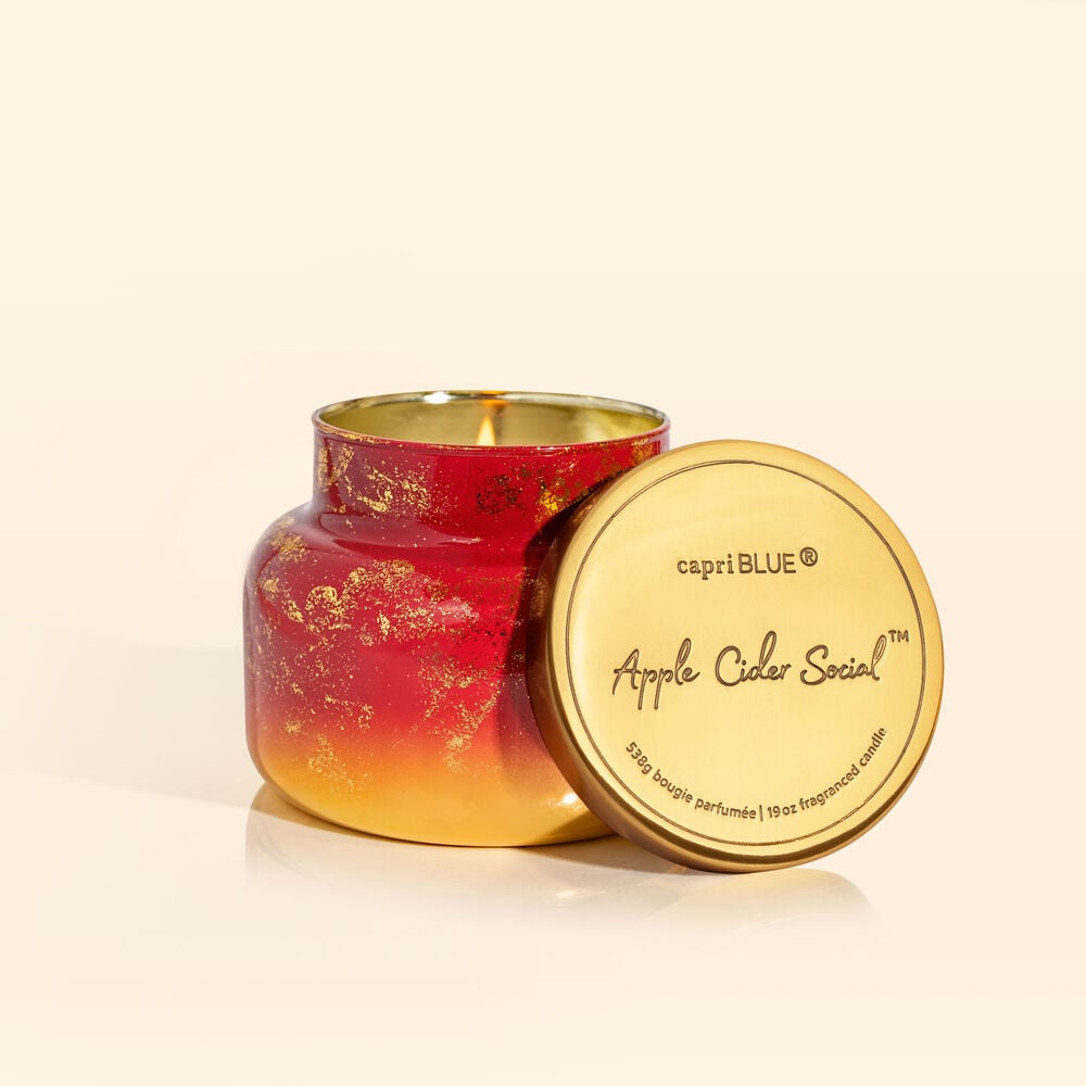 Apple Cider Social Glimmer Signature Jar candle in a clear glass jar with shimmering glitter details.