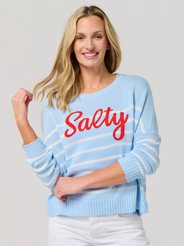 Kathrine Salty relaxed fit pullover sweater in soft knit with playful lettering and classic stripes.