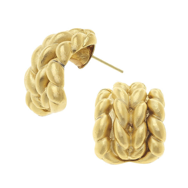 Pair of gold braided cuff hoop earrings with a matte finish and post backs.