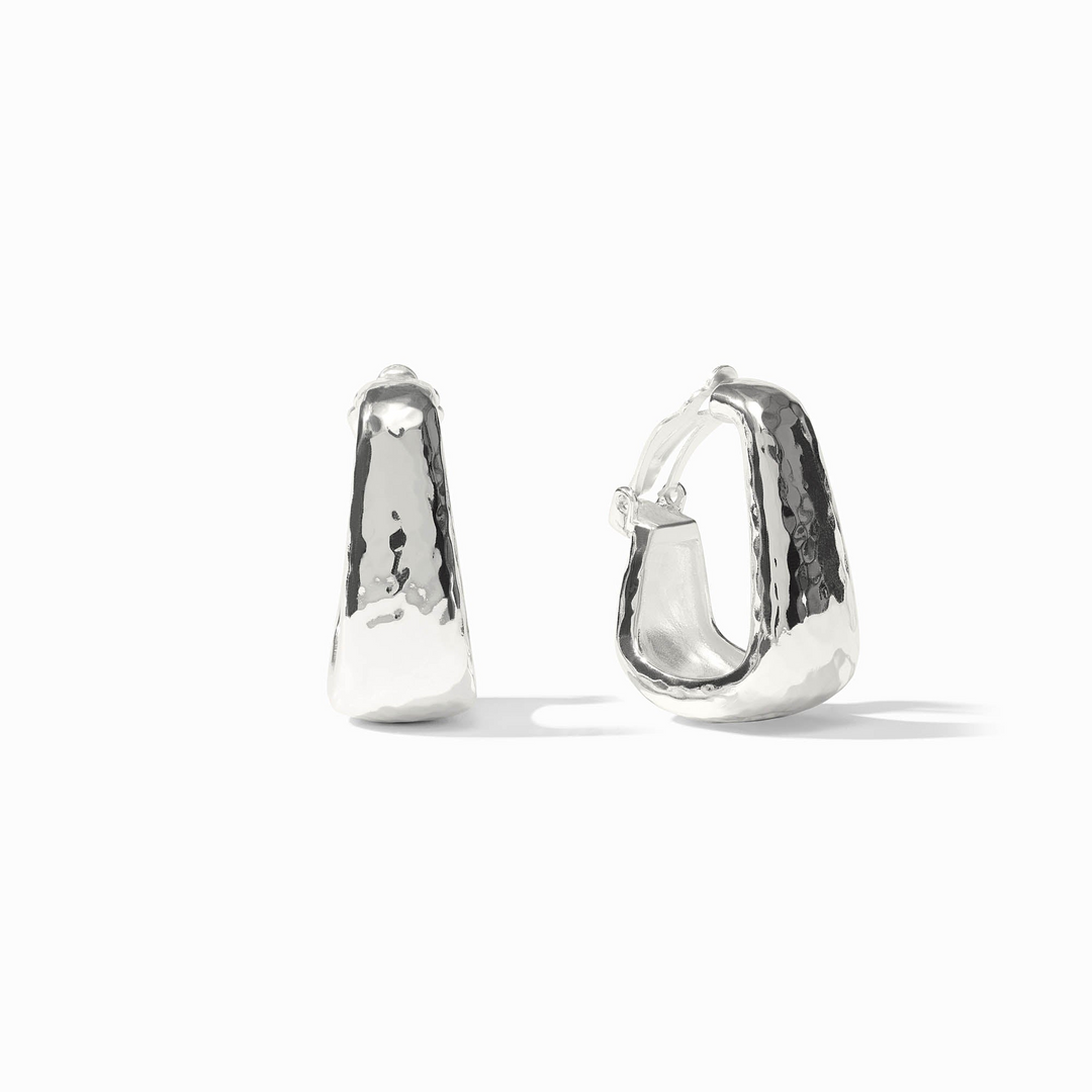 Medium silver Sahara hoop clip earrings with a hammered, textured finish.