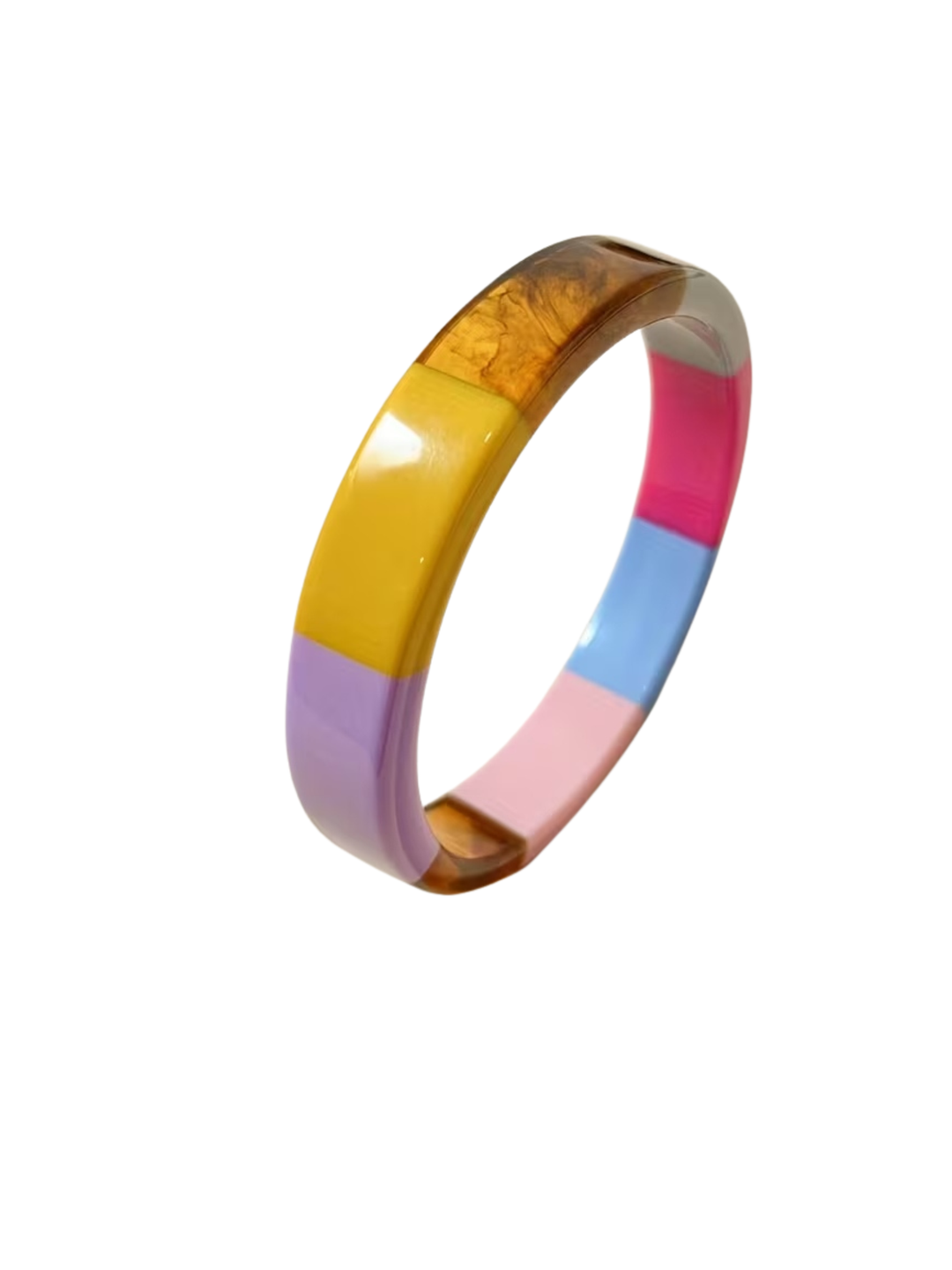 Patchwork Tempered Bracelet with colorful segments in yellow, purple, pink, blue, and amber resin.
