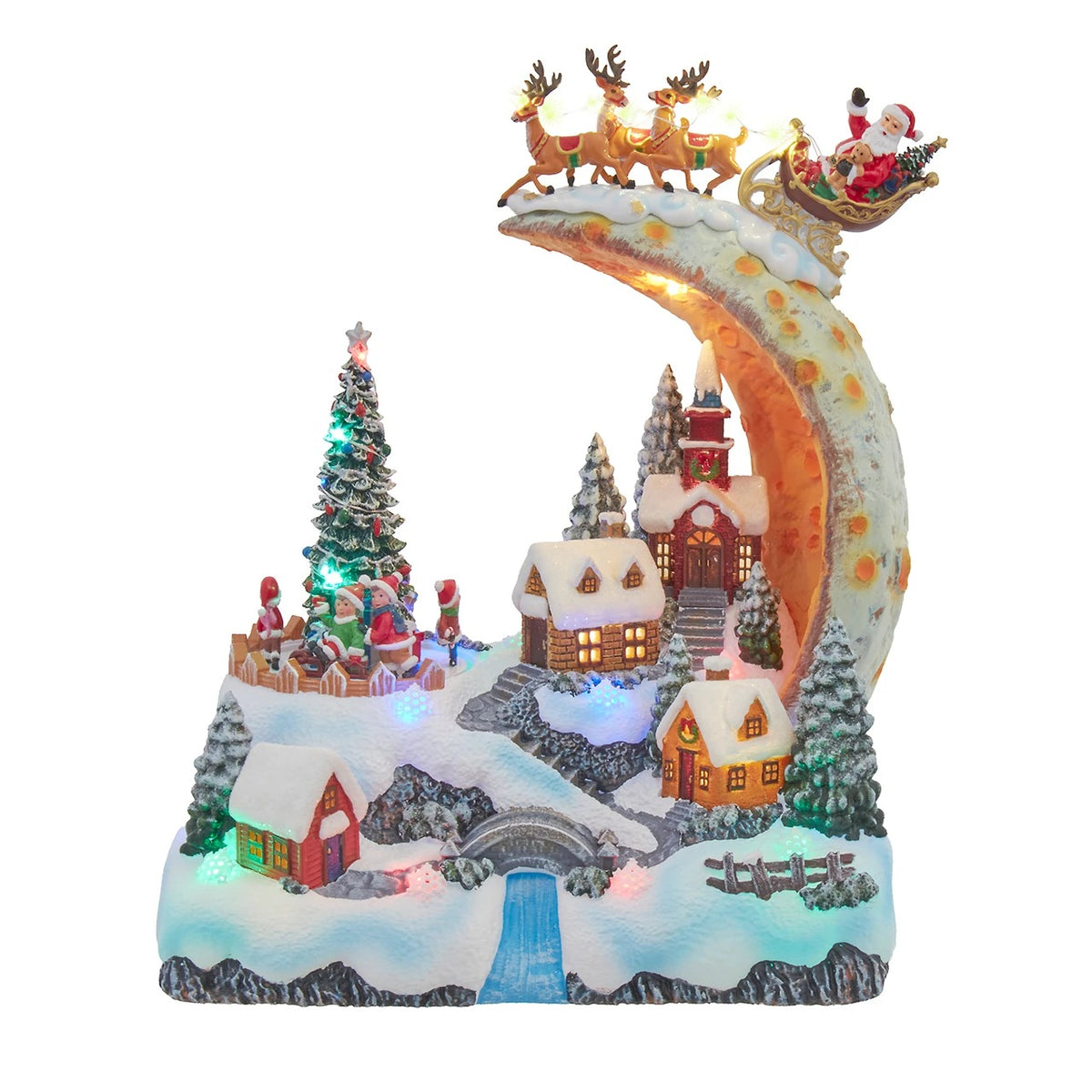 11" lighted Christmas table piece with Santa in a sleigh, reindeer, and a snowy village scene.