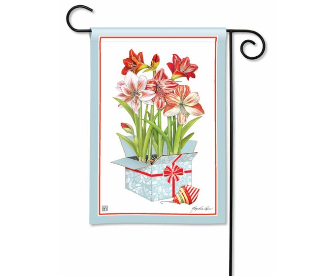Amaryllis Box Garden Flag on a stand featuring red amaryllis flowers with green foliage against a white background.