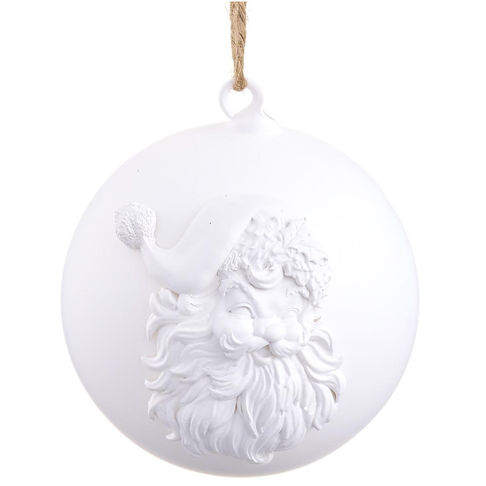 4.75-inch white glass ball ornament featuring a raised relief design of Santa Claus's face.