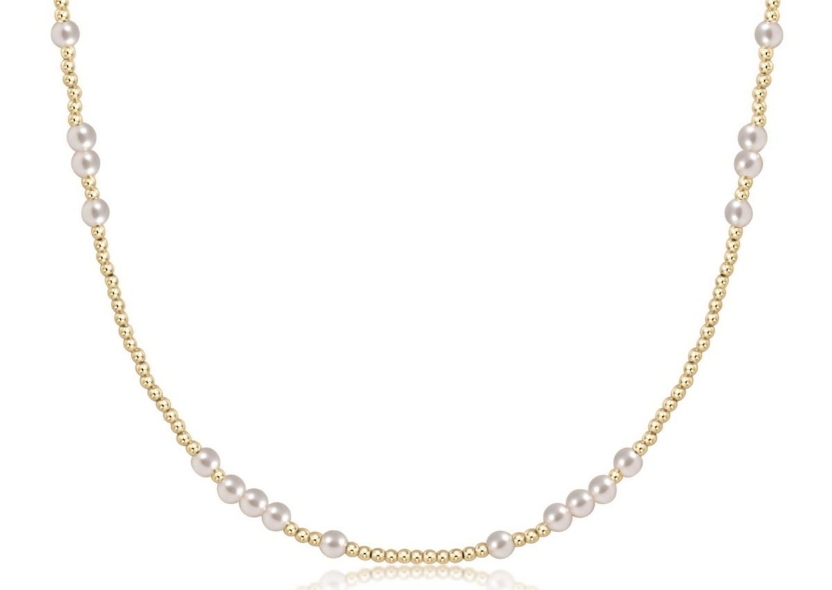 15-inch choker featuring 2mm 14kt gold-filled beads and 4mm white crystal pearls.
