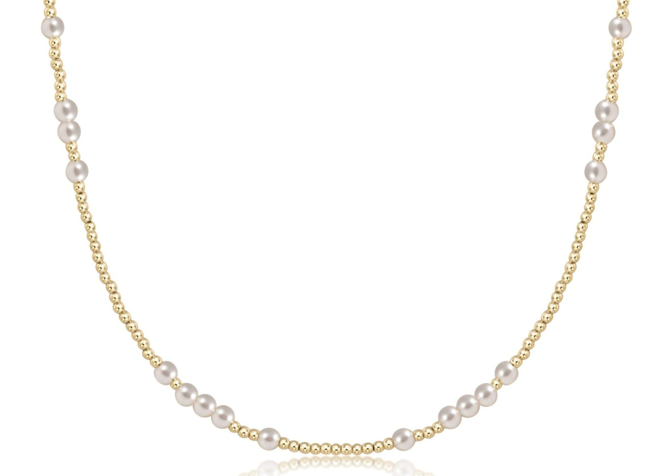 15-inch choker featuring 2mm 14kt gold-filled beads and 4mm white crystal pearls.