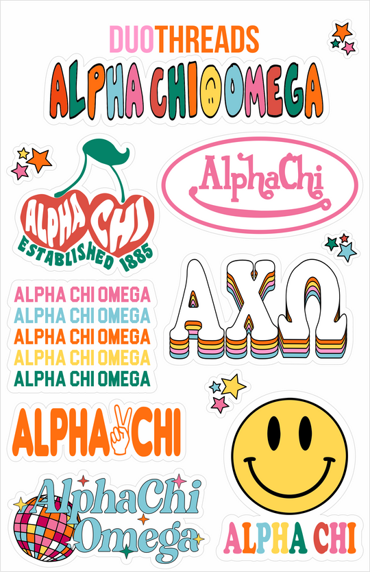 Sheet of sorority spirit stickers on a white background.