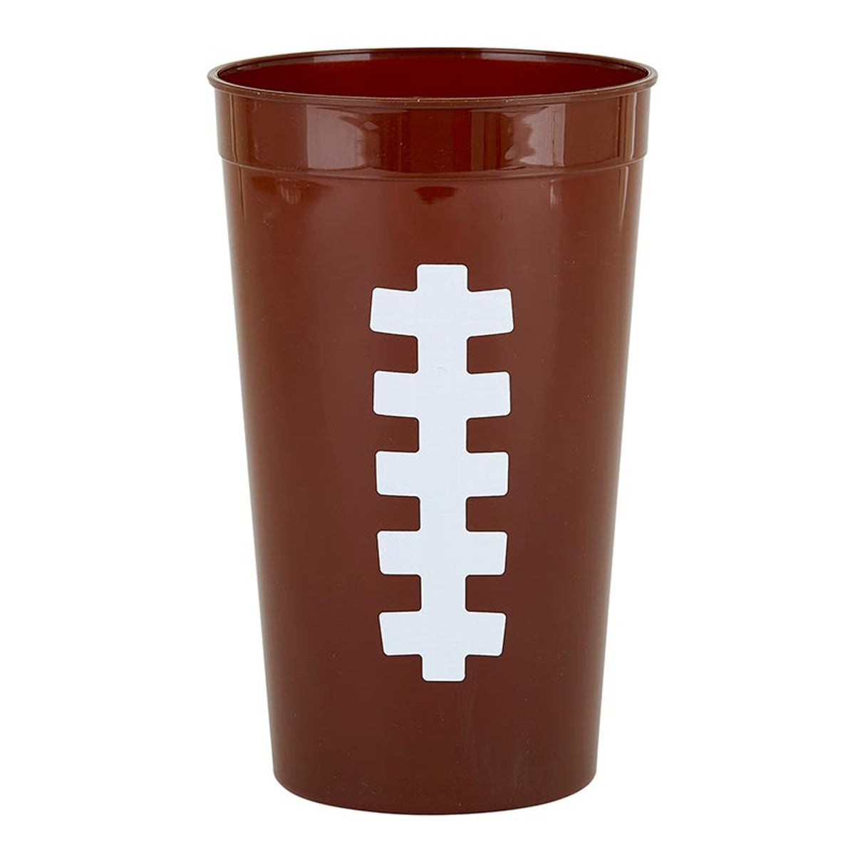 Brown acrylic stadium cup featuring a white football lace design on the front.