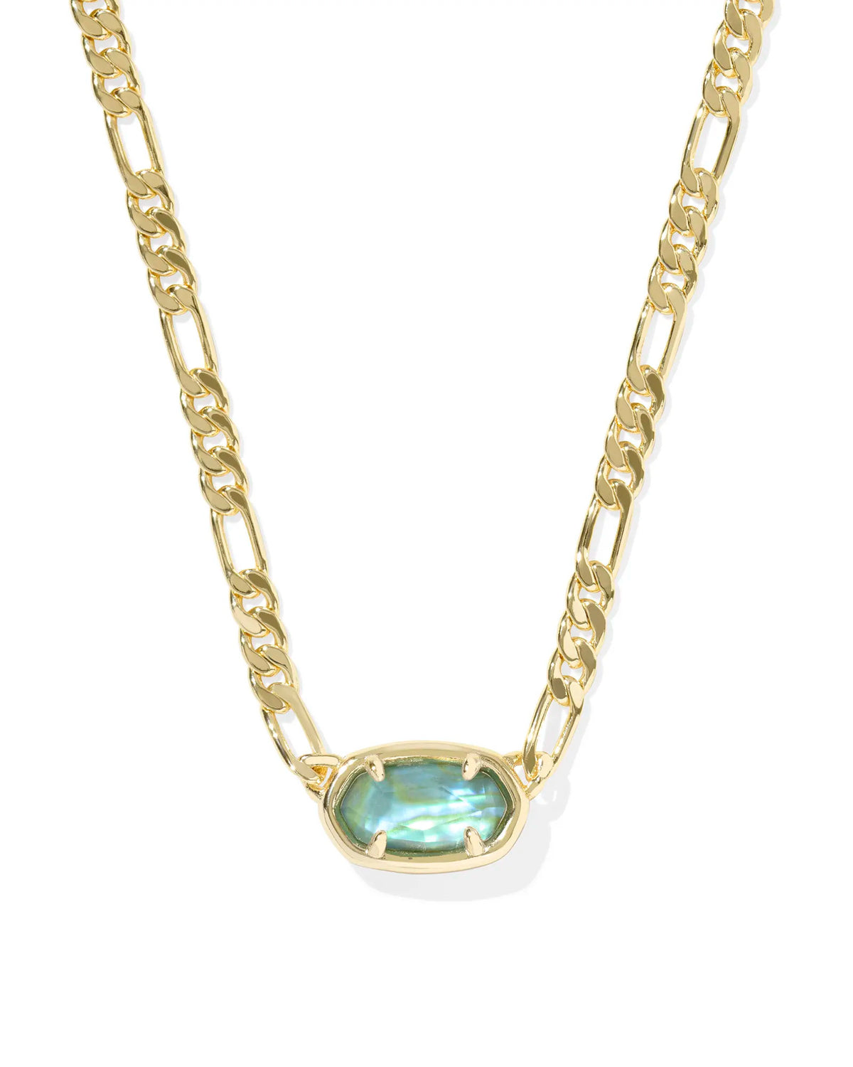 Elisa Figaro Chain Short Pendant Necklace in gold with an oval iridescent blue-green stone.