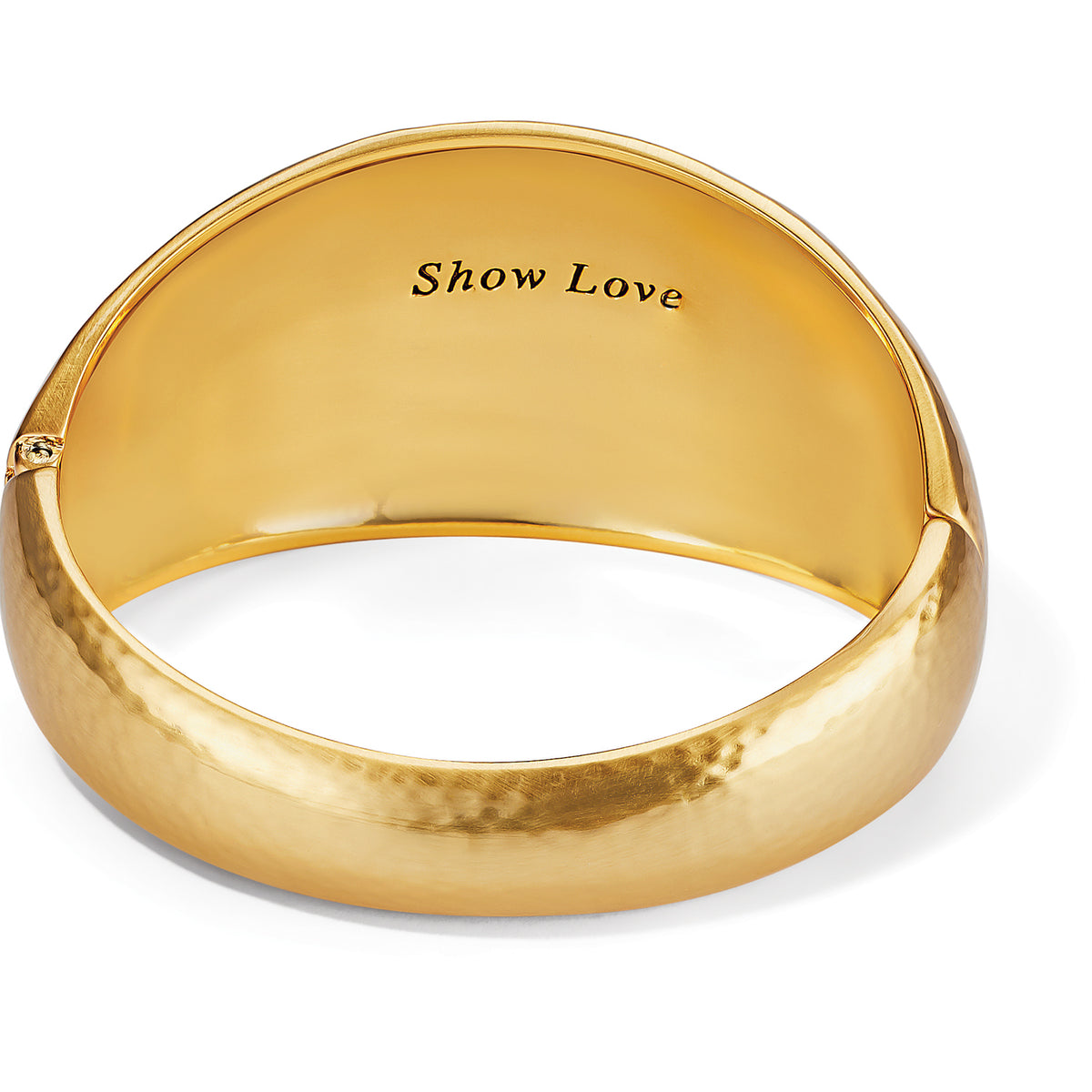 Brushed gold hinged bangle with magnetic closure featuring a hammered finish.