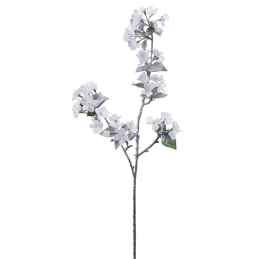35-inch snow white quince blossom spray with frosted white flowers and green leaves on a brown stem.