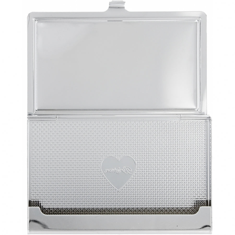 Silver plated Serendipity card case with a pressure retractable closure.