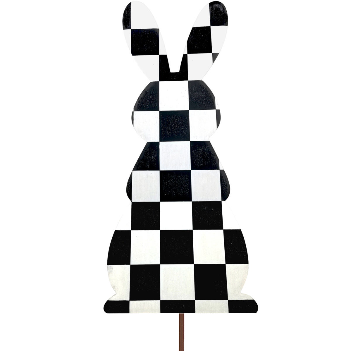 Elegant Checked Rabbit Yard easel in natural wood with a black-and-white checkered fabric panel.
