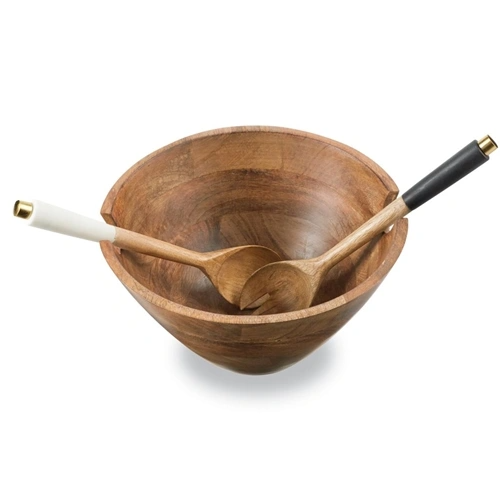 Round mango wood serving bowl with matching wooden server
