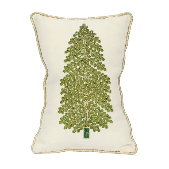 White rectangular pillow with an embroidered green and gold Christmas tree and gold corded trim.