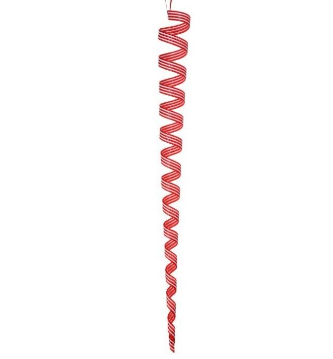 36-inch red and white acrylic icicle ornament with peppermint ribbon pattern.