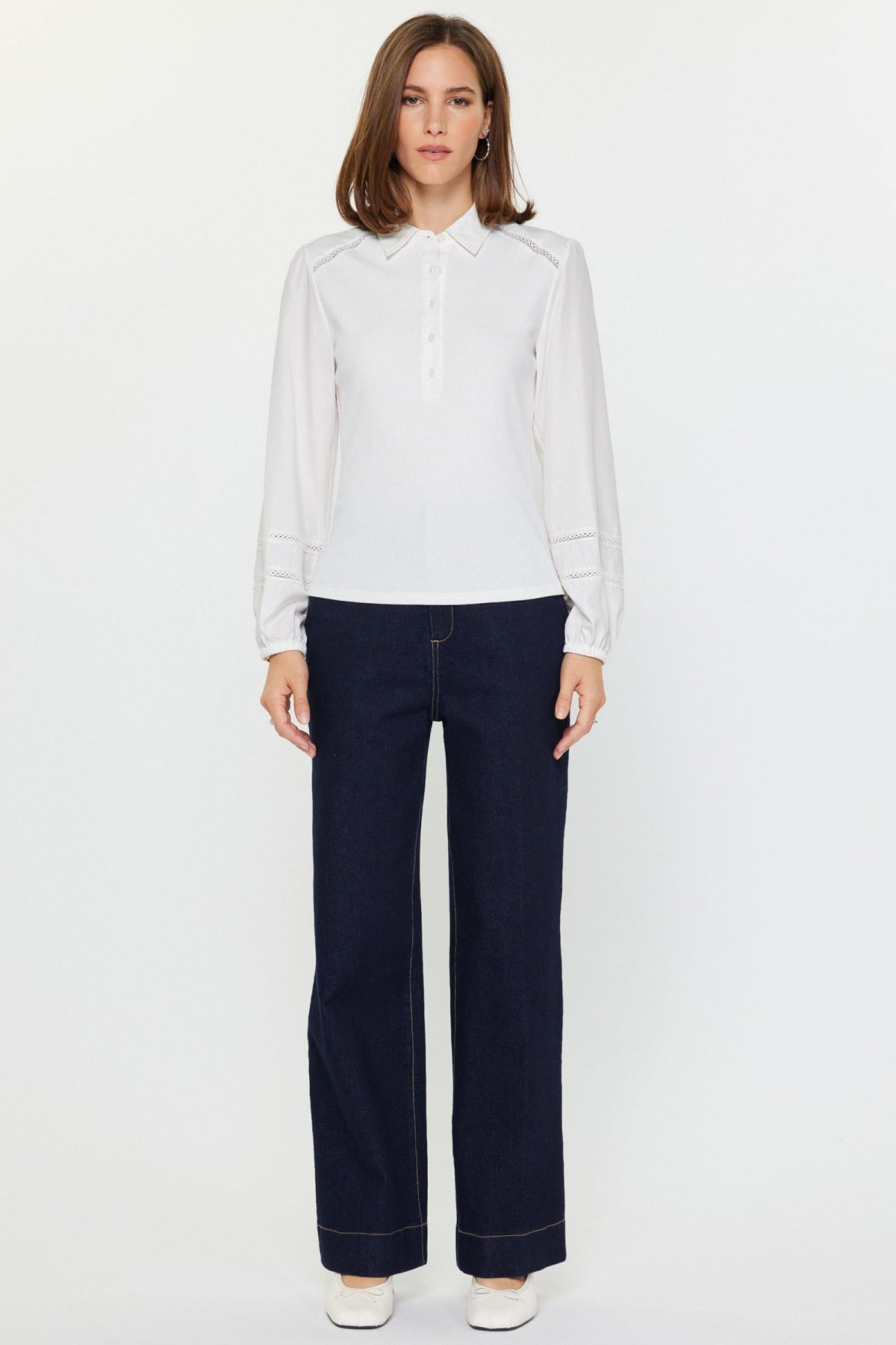 Abigail mixed media polo knit top in soft neutral tone with lace shoulder trim