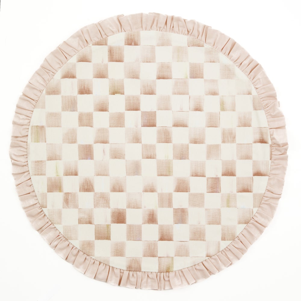 Mocha Check Round Placemat with a ruffled edge and hand-painted checkered pattern in brown and cream
