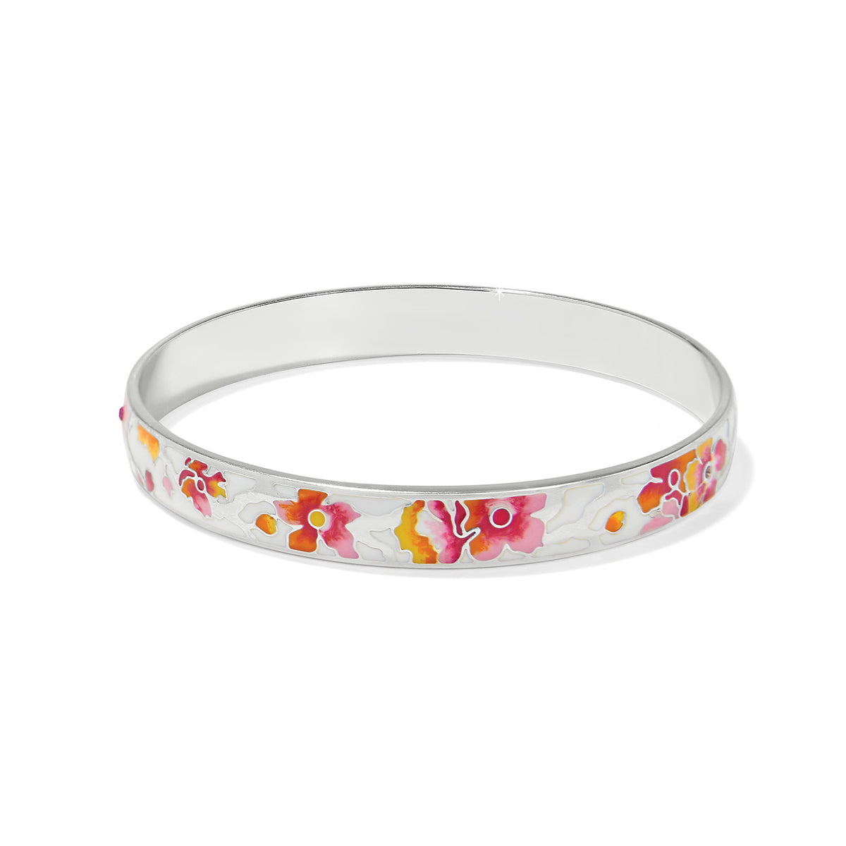 Silver-plated bangle with multi-colored enamel crystals in a cherry blossom pattern.