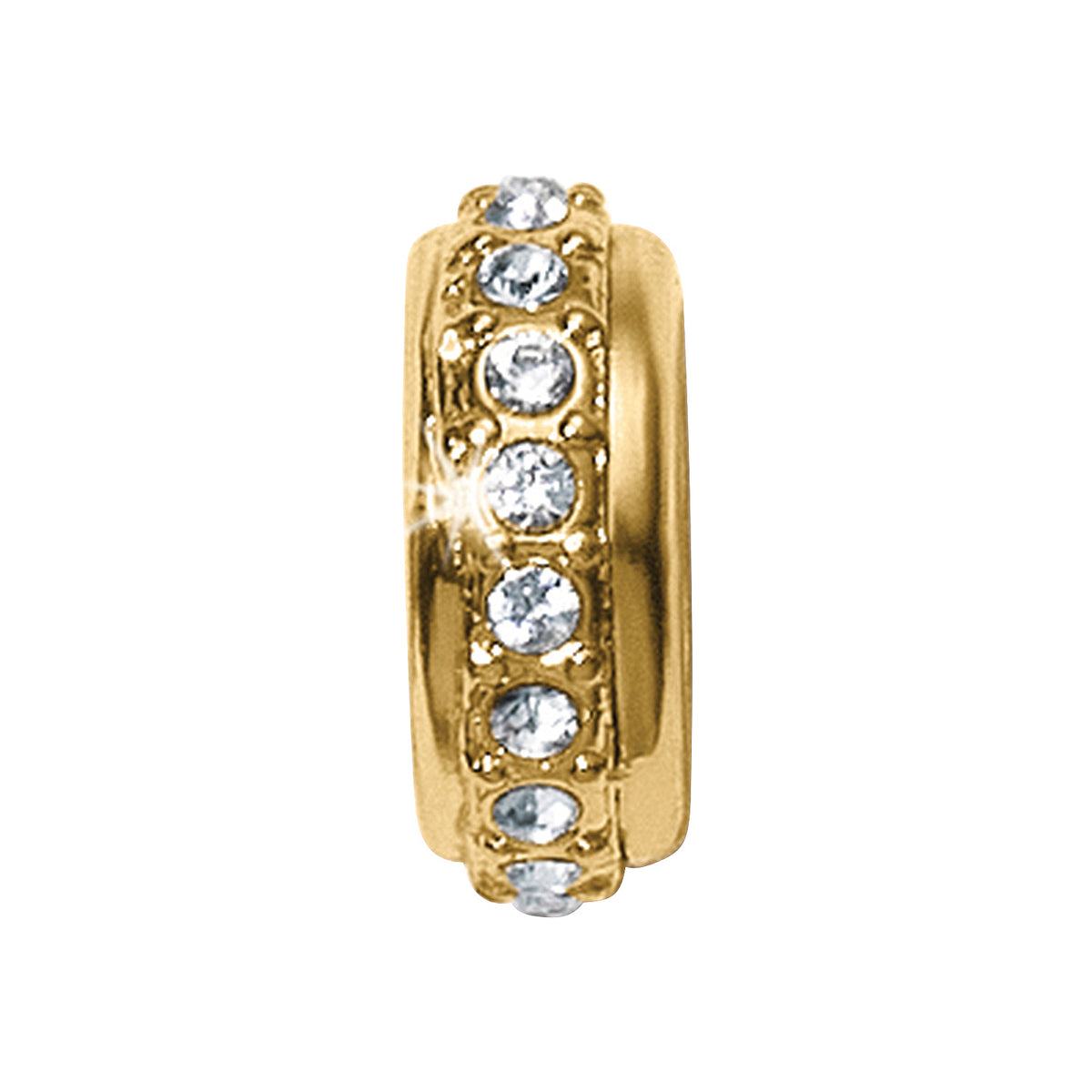Gold plated fine quality crystal stopper bead measuring 3/16 inch wide by 1/2 inch tall.