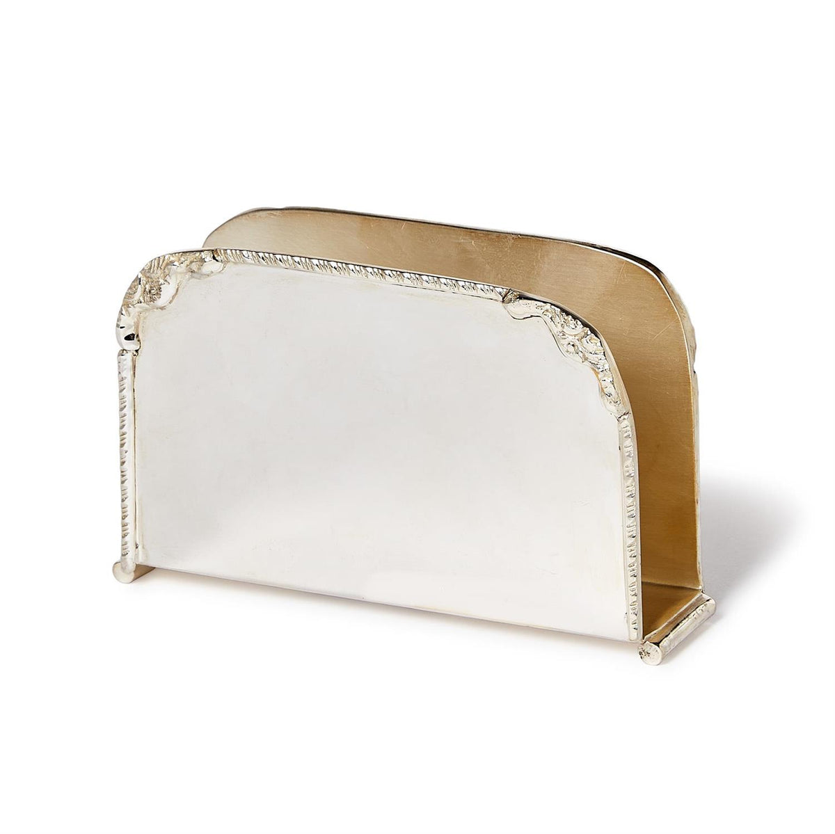 Silver-plated brass napkin holder with ornate scalloped edges and a polished finish.