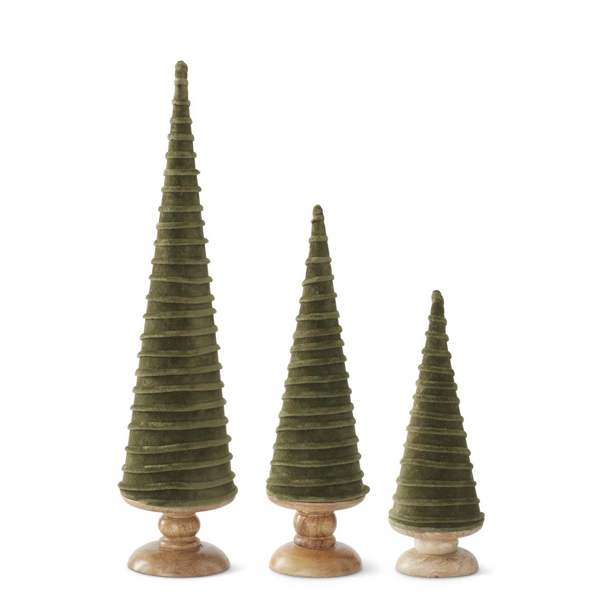Three green velvet swirl Christmas trees in graduated sizes on turned wood bases.