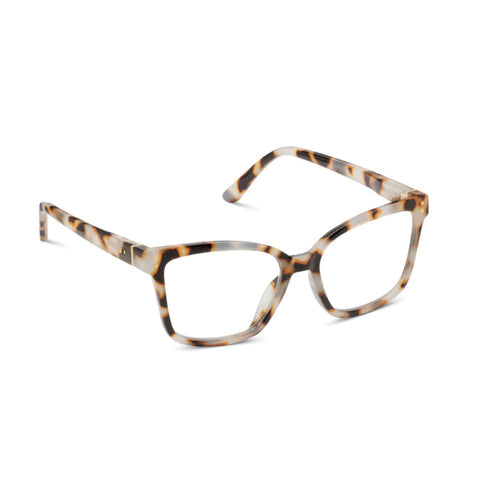 Octavia eyeglasses with gold-accented hinges in a recycled polycarbonate frame and blue light filtering lenses.