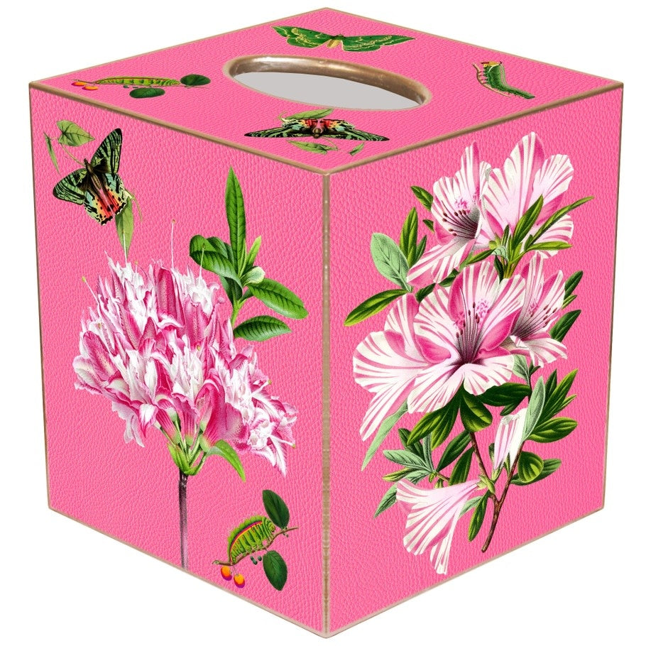 Handcrafted pink paper mache tissue box cover with gold edge accents.