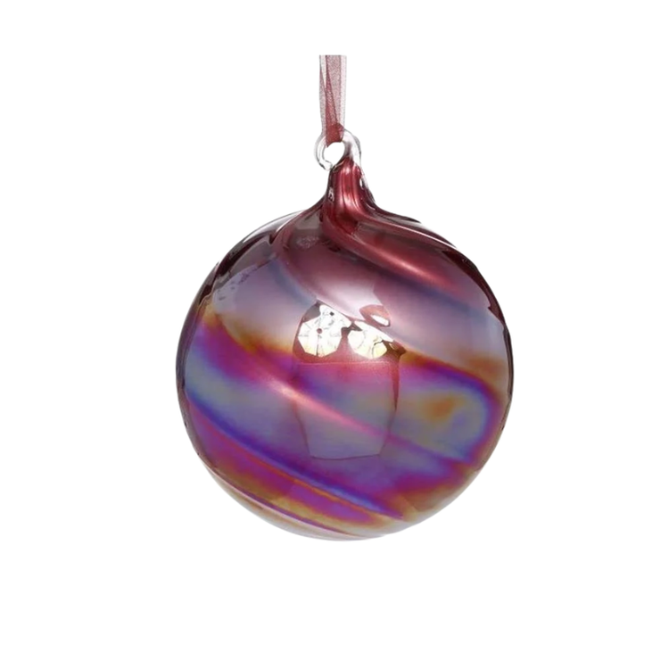4-inch glass swirl ornament with iridescent purple, pink, and gold tones and a hanging ribbon.