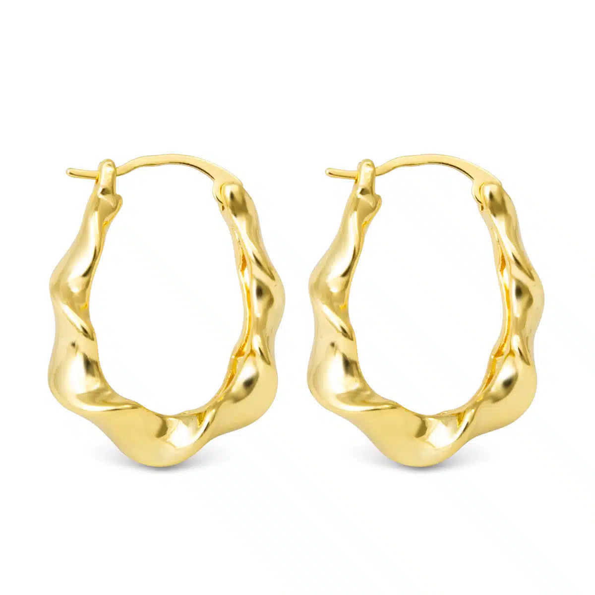 Hailey Polished Twisted Oval Hoop Gold Earrings featuring a wavy, textured design.