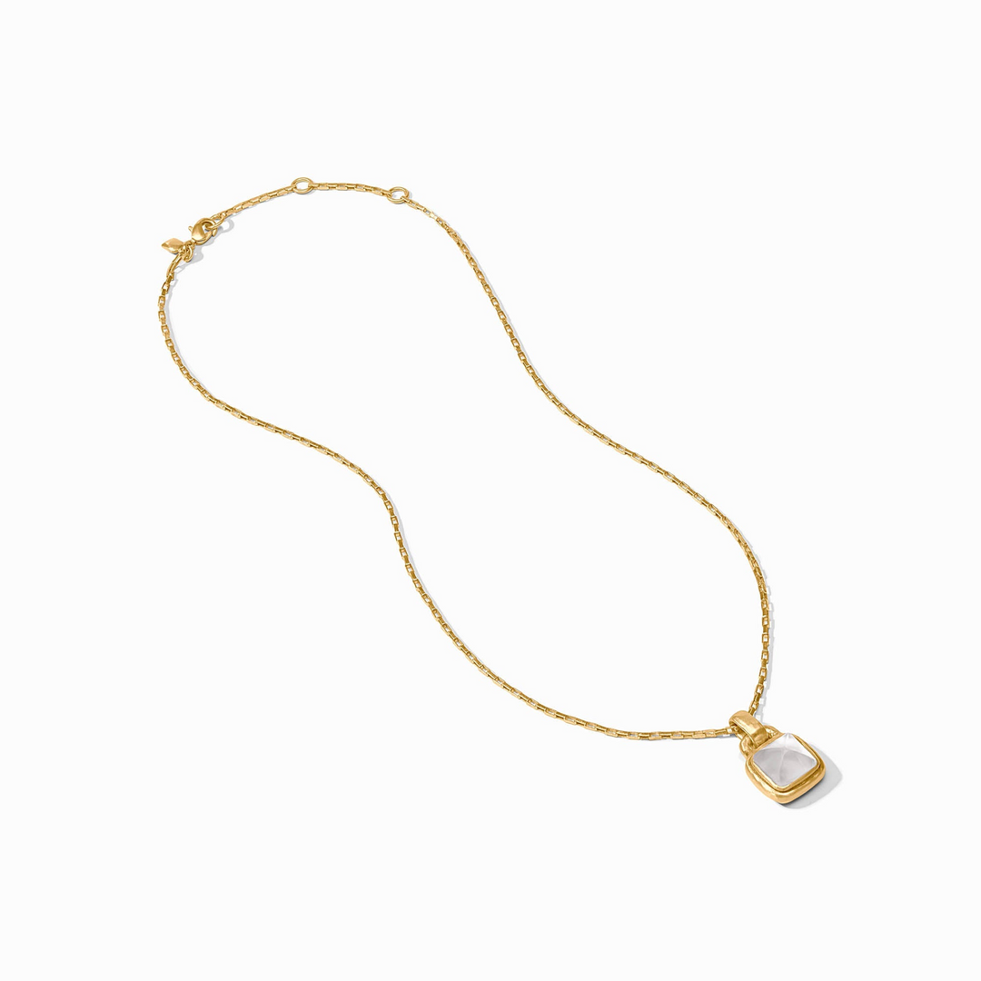 Sahara Solitaire Necklace in 24K gold plate with a square clear glass pendant on an adjustable chain