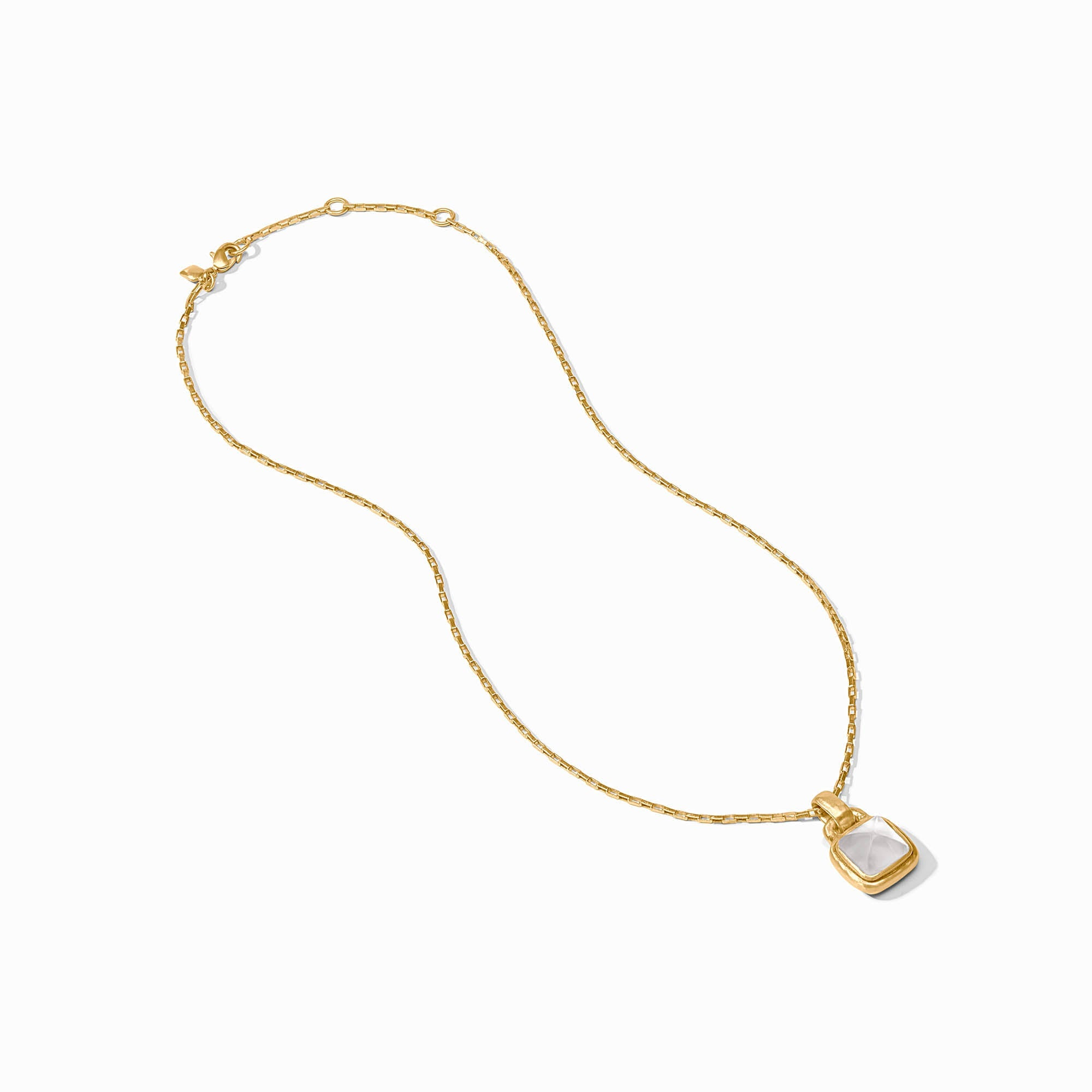 Sahara Solitaire Necklace in 24K gold plate with a square clear glass pendant on an adjustable chain