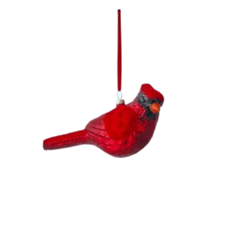 7-inch red glass cardinal ornament with a soft flocked wing and orange beak hanging from a ribbon.